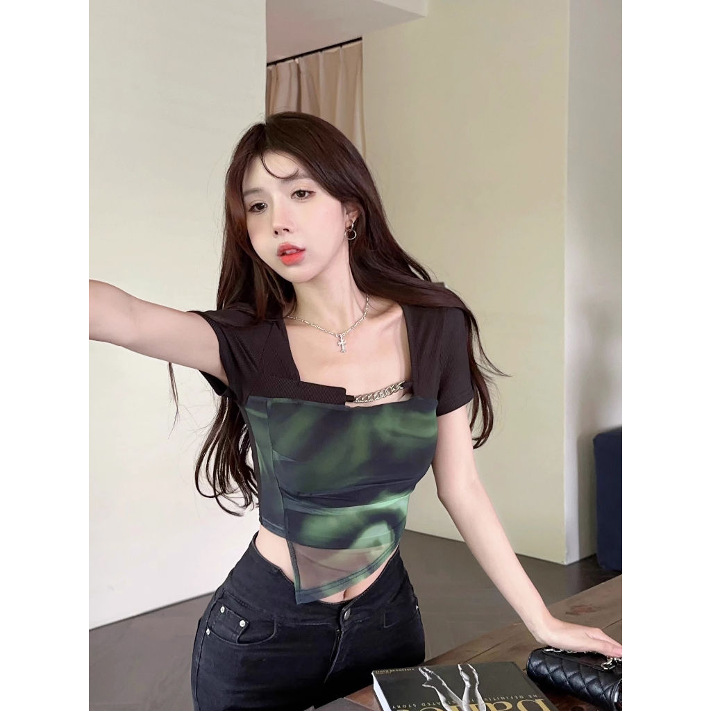 Áo Thun Tay Ngắn Cổ Vuông Thiết Kế Mới Thời Trang Mùa Hè Theo Phong Cách Hàn Quốc Cho Nữ