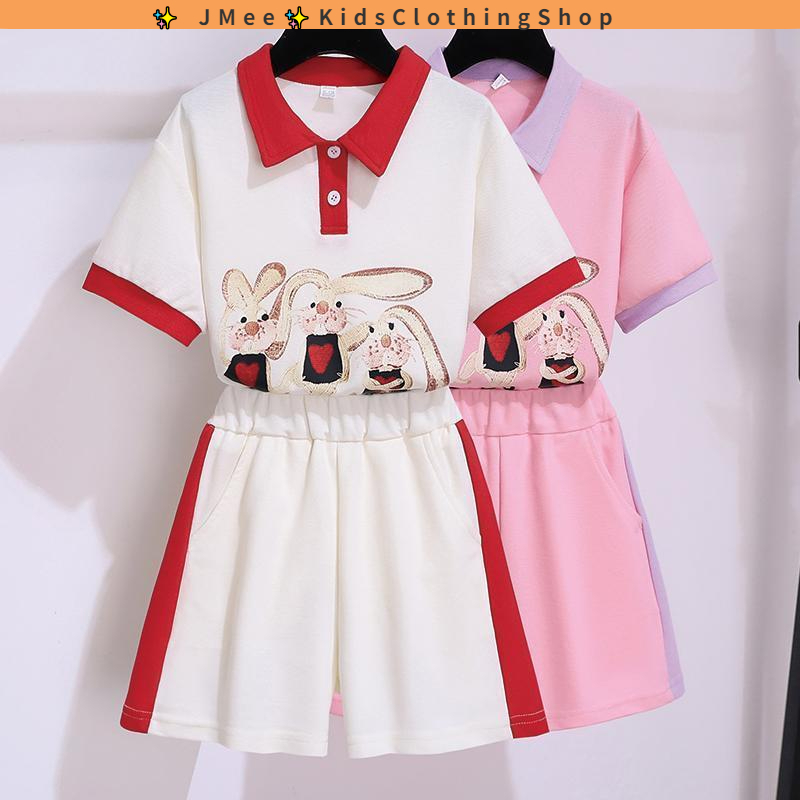 Bộ Đồ Thể Thao Hai Mảnh Áo Thun Polo In Hình Hoạt Hình Thời Trang Mùa Hè Hàn Quốc Dành Cho Bé Gái 3-14 Tuổi