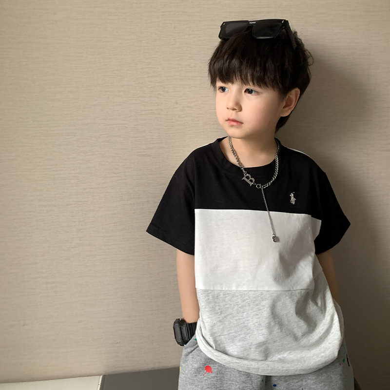 Sun baby Áo Thun Tay Ngắn Cổ Tròn Phối Màu Thời Trang Mùa Hè Phong Cách Hàn Quốc Cho Nam