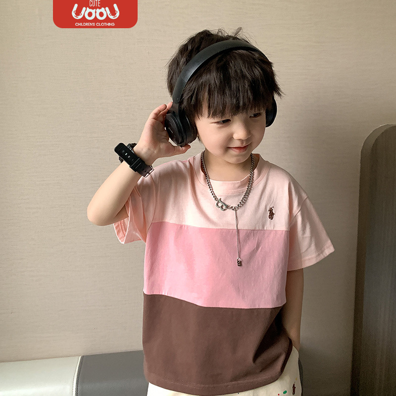 Sun baby Áo Thun Tay Ngắn Cổ Tròn Phối Màu Thời Trang Mùa Hè Phong Cách Hàn Quốc Cho Nam