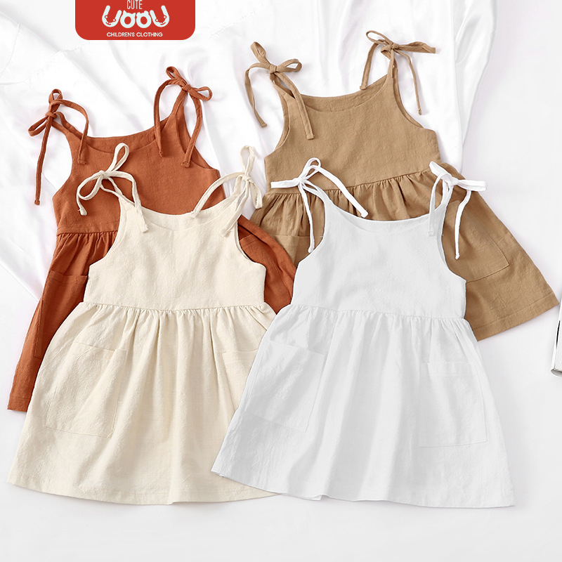 Sun baby Đầm cotton Lanh Không Tay Màu Trơn Dễ Thương Thời Trang Mùa Hè Cho Bé Gái