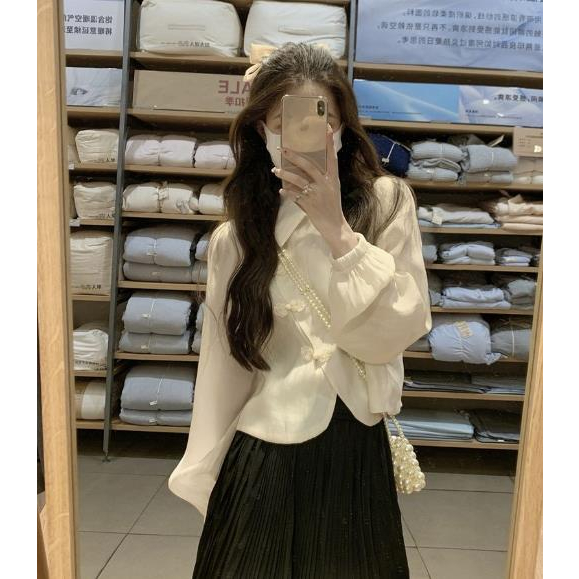 Jiashucheng Áo Sơ Mi Chiffon Ngắn Tay Dài Phồng Cổ Bẻ Cài Nút Kiểu Retro Pháp Thời Trang Mùa Thu Cho Nữ