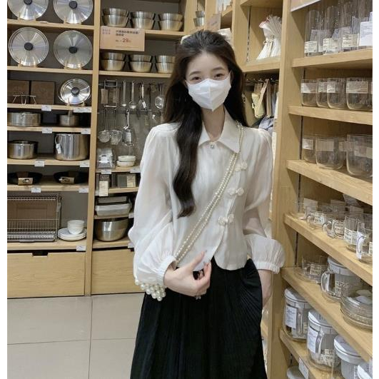 Jiashucheng Áo Sơ Mi Chiffon Ngắn Tay Dài Phồng Cổ Bẻ Cài Nút Kiểu Retro Pháp Thời Trang Mùa Thu Cho Nữ