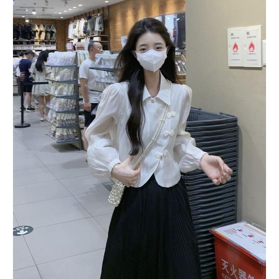 Jiashucheng Áo Sơ Mi Chiffon Ngắn Tay Dài Phồng Cổ Bẻ Cài Nút Kiểu Retro Pháp Thời Trang Mùa Thu Cho Nữ