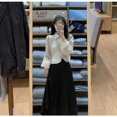 Jiashucheng Áo Sơ Mi Chiffon Ngắn Tay Dài Phồng Cổ Bẻ Cài Nút Kiểu Retro Pháp Thời Trang Mùa Thu Cho Nữ