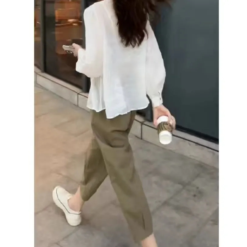 Áo Sơ Mi Cotton Lanh Cổ Đứng Tay Lửng Thêu Họa Tiết Thời Trang Cho Nữ