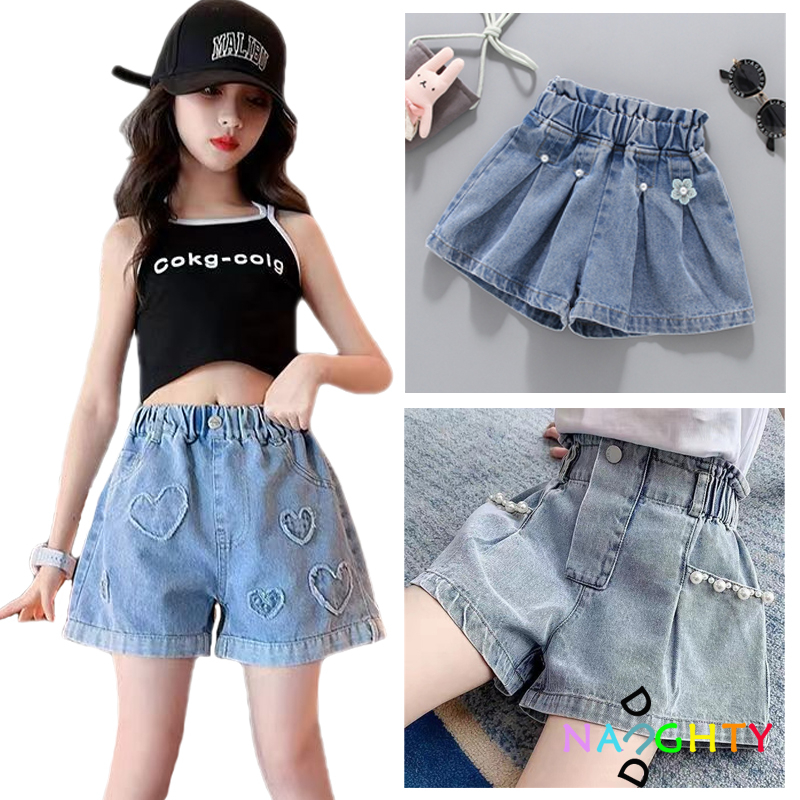 Cho Bé Gái Từ 3-12 Tuổi Quần Short Denim Lưng Cao Thiết Kế Dễ Thương