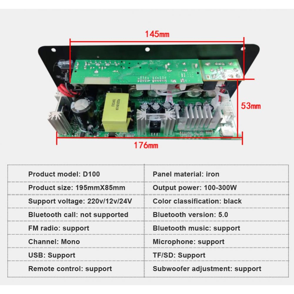 Bảng Mạch Khuếch Đại Âm Thanh 600W Bluetooth 5.0 D300 DC12V 24V 1CH HIFI Stereo Và Phụ Kiện