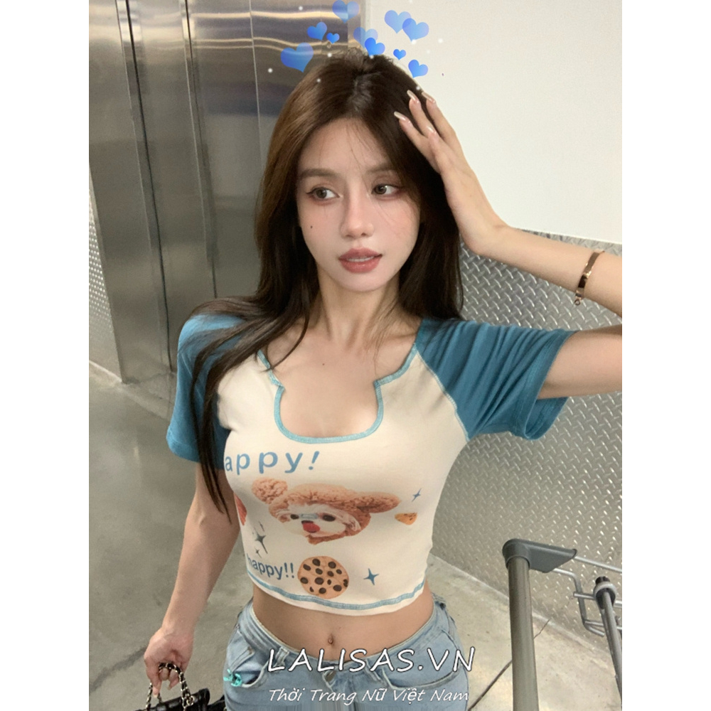 Áo Croptop Tay Ngắn In Hoạt Hình Lalisas Dopamine Hottie y2k Thời Trang Quyến Rũ Cho Nữ