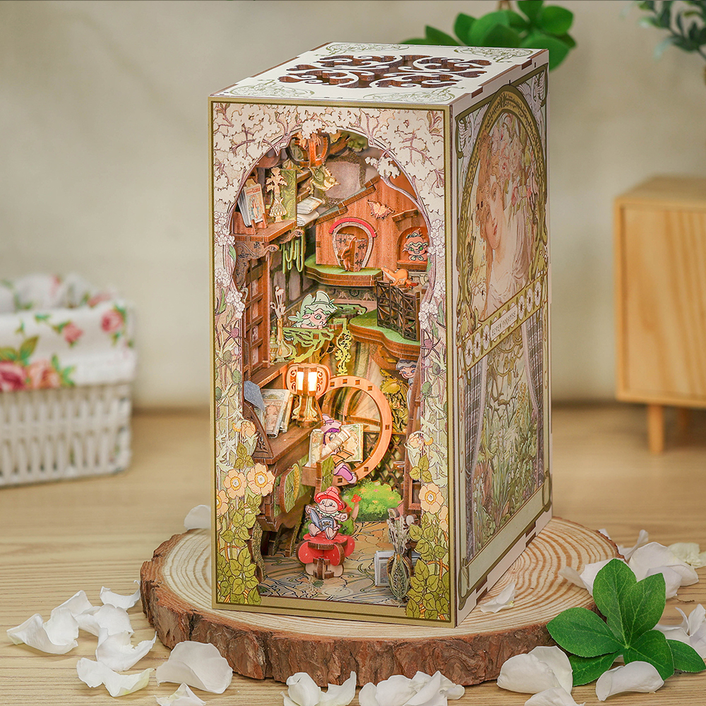 CUTEBEE【Thiên đường yêu tinh】DIY Book Nook Với đèn LED và nắp che bụi Nhà búp bê bằng gỗ 3D kệ sách trang trí món quà ngày lễ