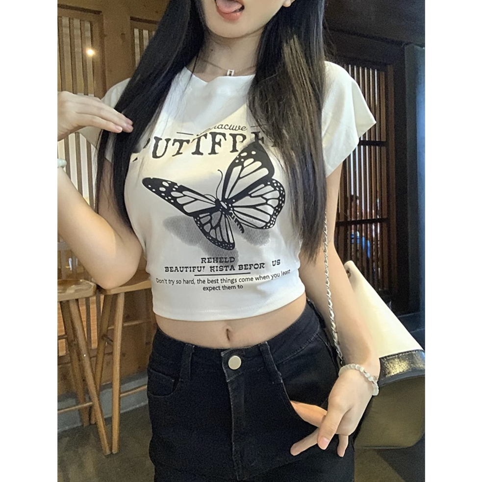 Áo Thun Tay Ngắn Cổ Tròn In Hình Bướm Sau Lưng Phong Cách vintage Mỹ y2k