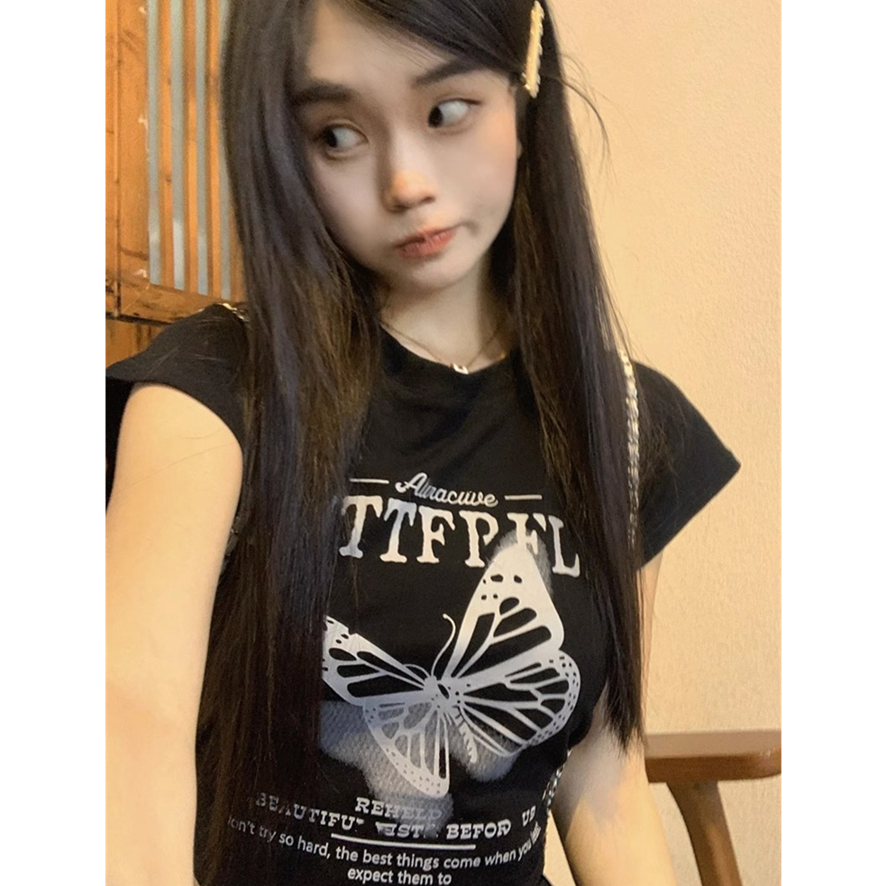 Áo Thun Tay Ngắn Cổ Tròn In Hình Bướm Sau Lưng Phong Cách vintage Mỹ y2k
