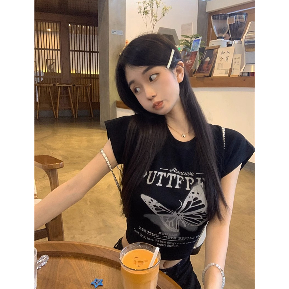 Áo Thun Tay Ngắn Cổ Tròn In Hình Bướm Sau Lưng Phong Cách vintage Mỹ y2k