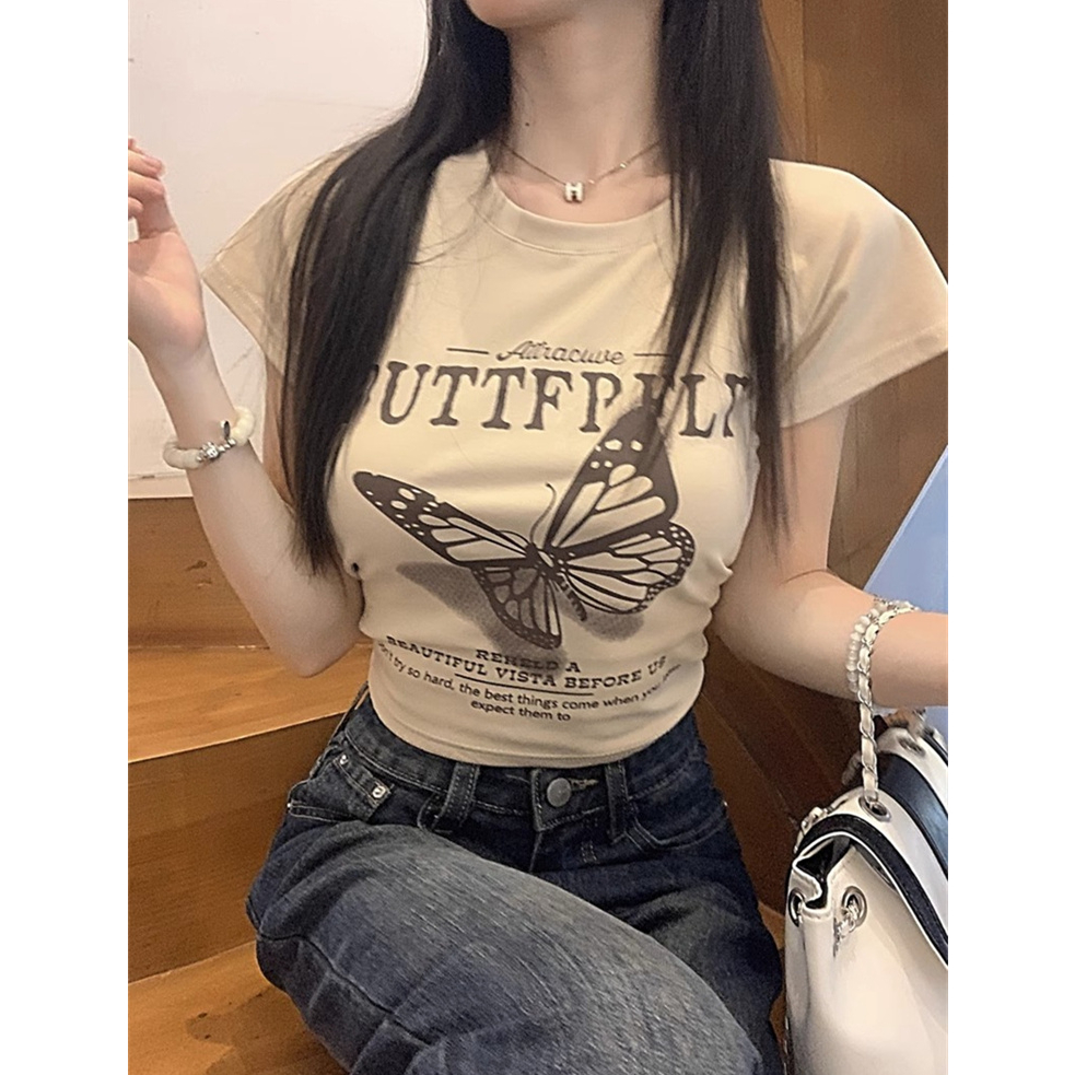 Áo Thun Tay Ngắn Cổ Tròn In Hình Bướm Sau Lưng Phong Cách vintage Mỹ y2k