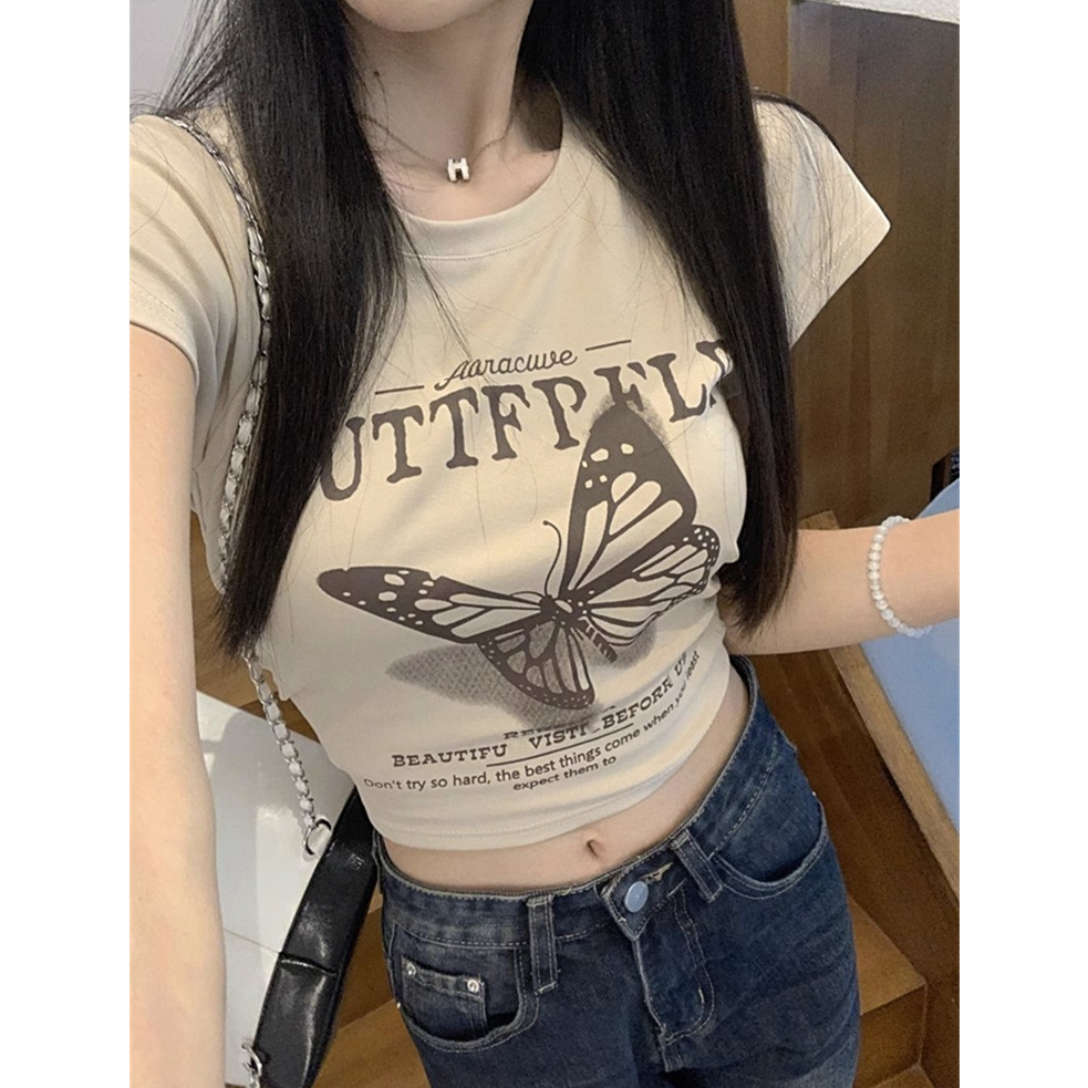 Áo Thun Tay Ngắn Cổ Tròn In Hình Bướm Sau Lưng Phong Cách vintage Mỹ y2k