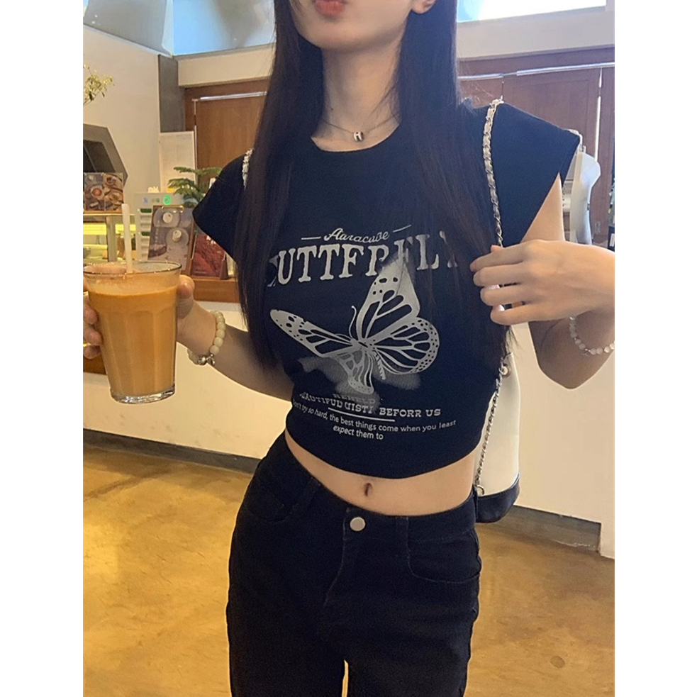 Áo Thun Tay Ngắn Cổ Tròn In Hình Bướm Sau Lưng Phong Cách vintage Mỹ y2k