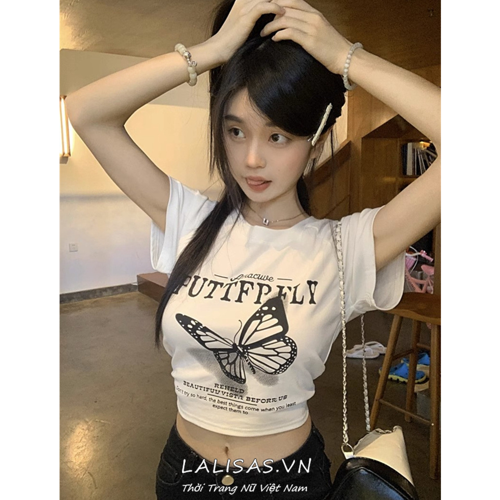 Áo Thun Tay Ngắn Cổ Tròn In Hình Bướm Sau Lưng Phong Cách vintage Mỹ y2k