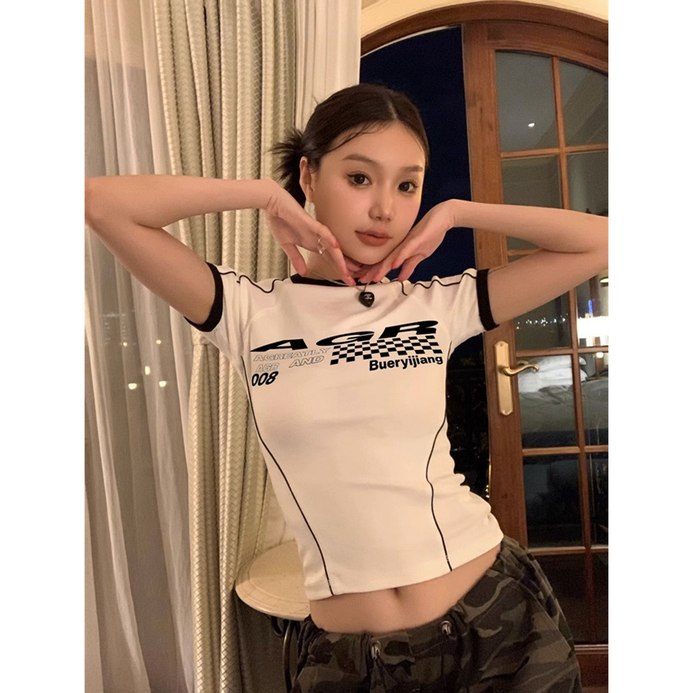 Áo Thun Tay Ngắn Dáng Ôm In Chữ Phong Cách Retro Mỹ Thời Trang Quyến Rũ Cho Nữ