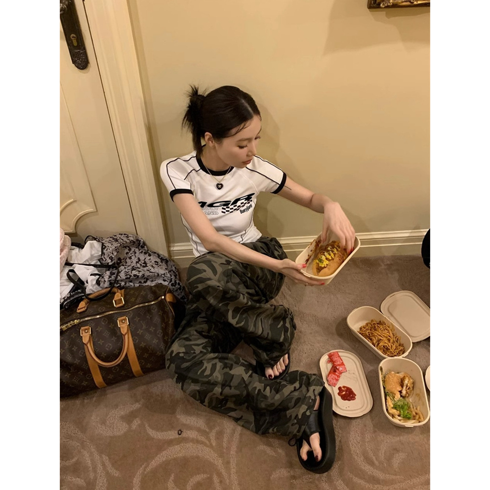 Áo Thun Tay Ngắn Dáng Ôm In Chữ Phong Cách Retro Mỹ Thời Trang Quyến Rũ Cho Nữ