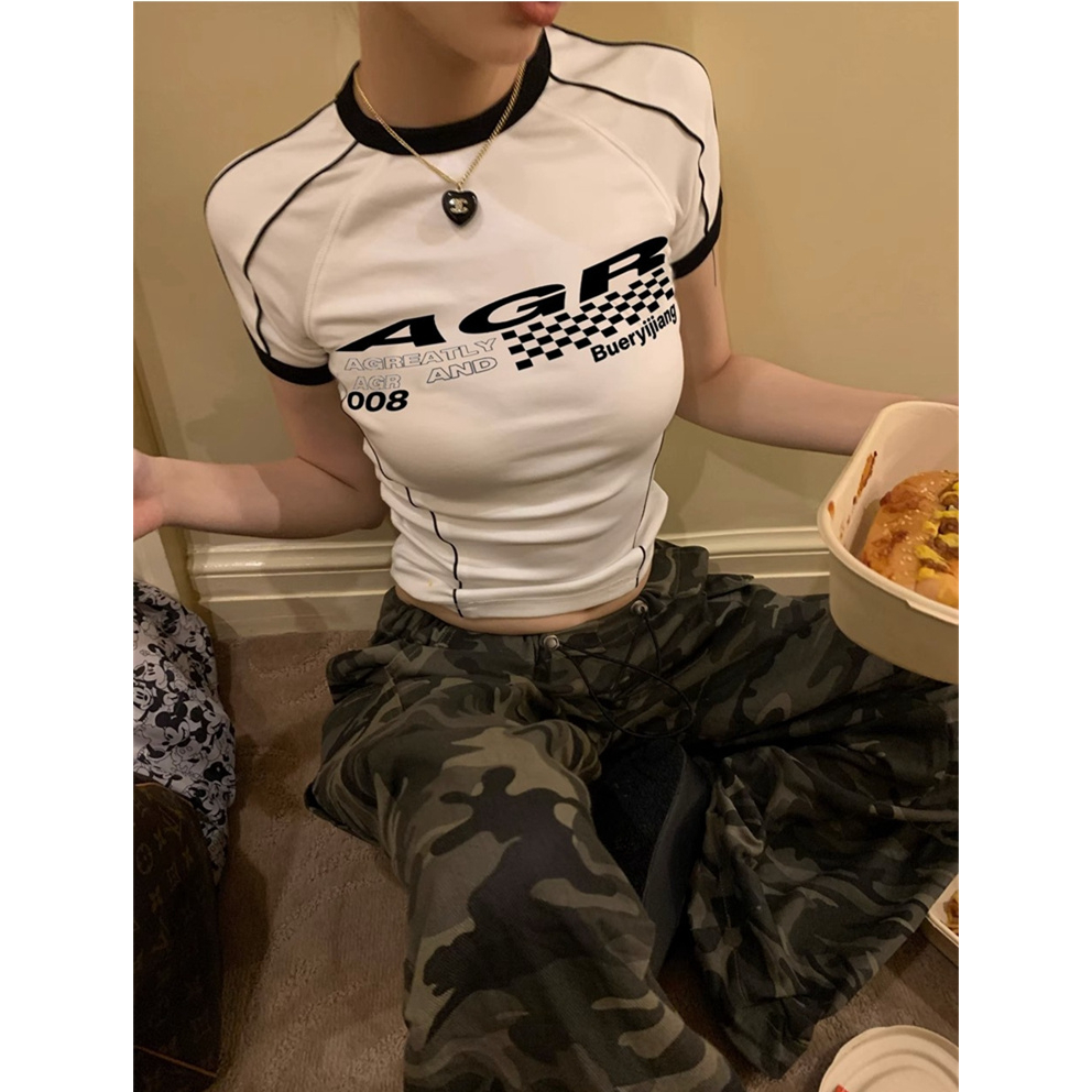 Áo Thun Tay Ngắn Dáng Ôm In Chữ Phong Cách Retro Mỹ Thời Trang Quyến Rũ Cho Nữ