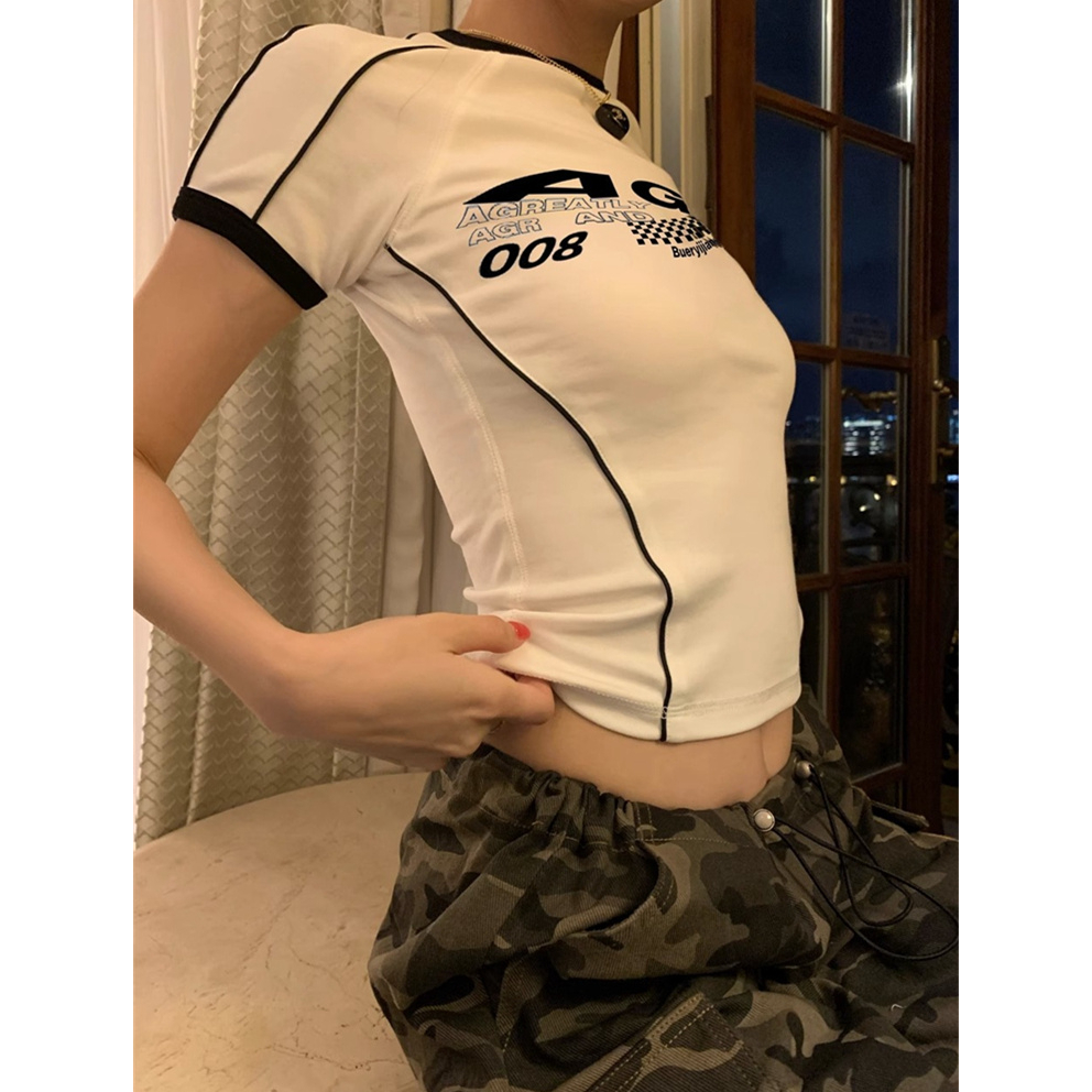Áo Thun Tay Ngắn Dáng Ôm In Chữ Phong Cách Retro Mỹ Thời Trang Quyến Rũ Cho Nữ