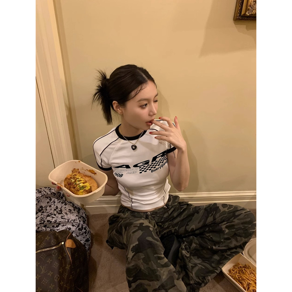 Áo Thun Tay Ngắn Dáng Ôm In Chữ Phong Cách Retro Mỹ Thời Trang Quyến Rũ Cho Nữ