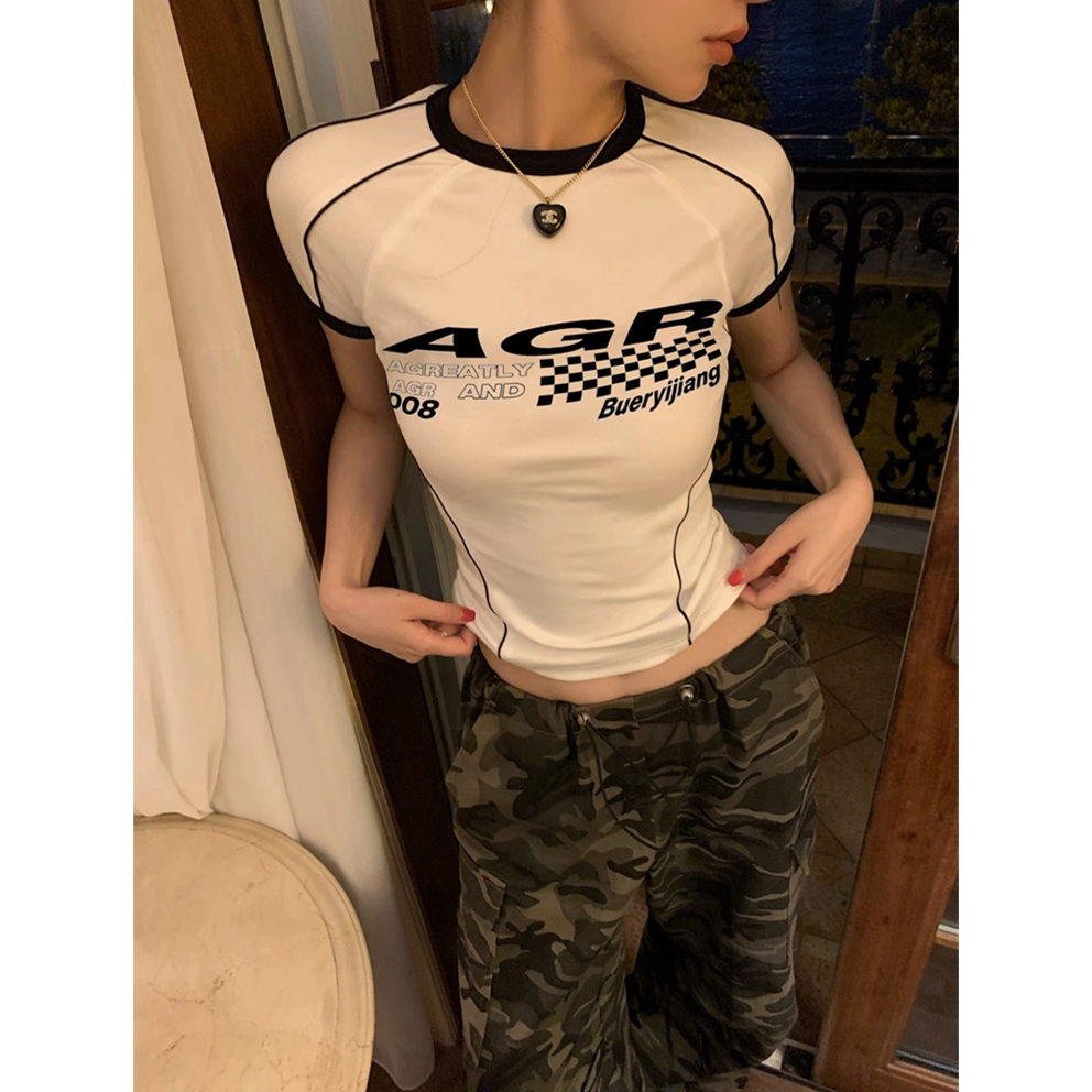 Áo Thun Tay Ngắn Dáng Ôm In Chữ Phong Cách Retro Mỹ Thời Trang Quyến Rũ Cho Nữ