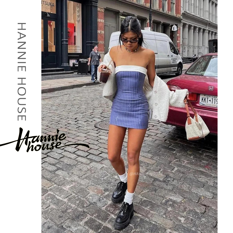 Hannie-đầm Mini Trễ Vai Kẻ Sọc / Màu Trơn Thời Trang Mùa Hè Cho Nữ