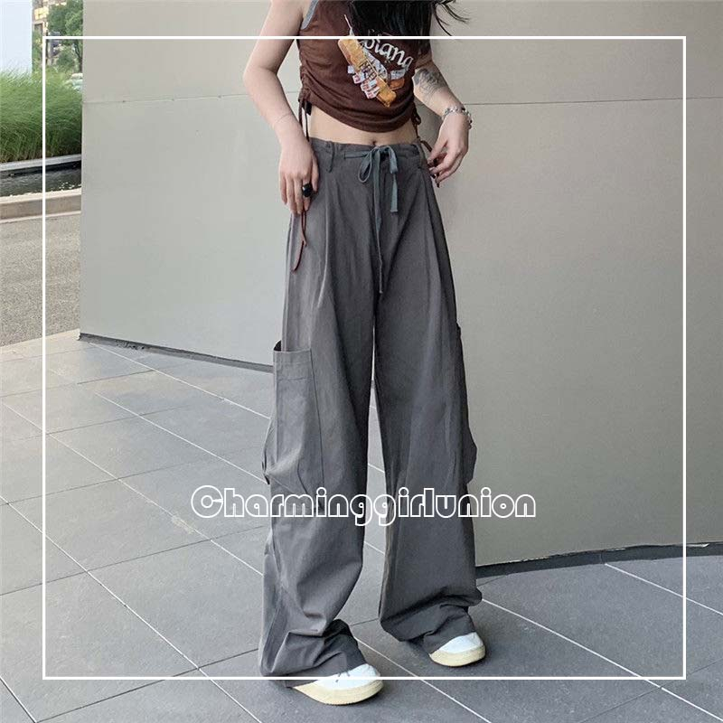 Quần Dài Dáng Suông Rộng Lưng Cao Màu Trơn Có Túi Và Dây Rút Cho Nữ