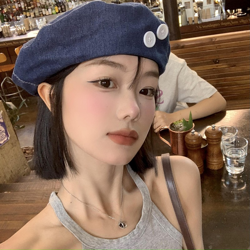 Mũ Beret Vải Denim Đính Nút Màu Xanh Dương Thời Trang Cho Nữ