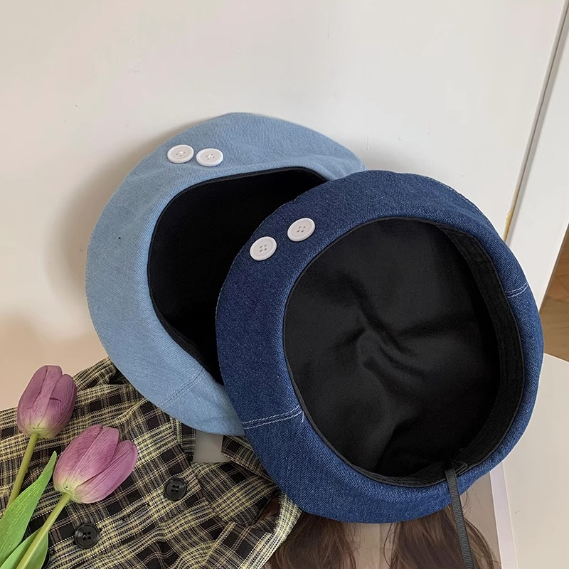 Mũ Beret Vải Denim Đính Nút Màu Xanh Dương Thời Trang Cho Nữ