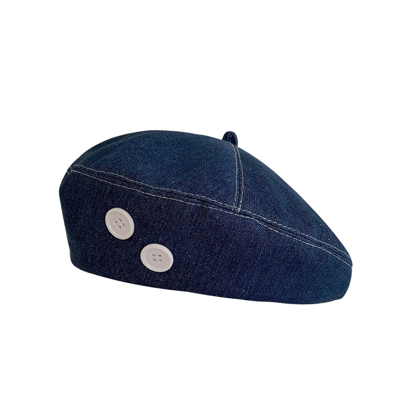 Mũ Beret Vải Denim Đính Nút Màu Xanh Dương Thời Trang Cho Nữ