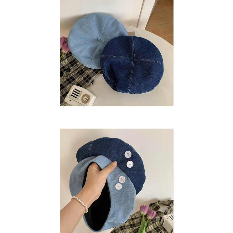 Mũ Beret Vải Denim Đính Nút Màu Xanh Dương Thời Trang Cho Nữ