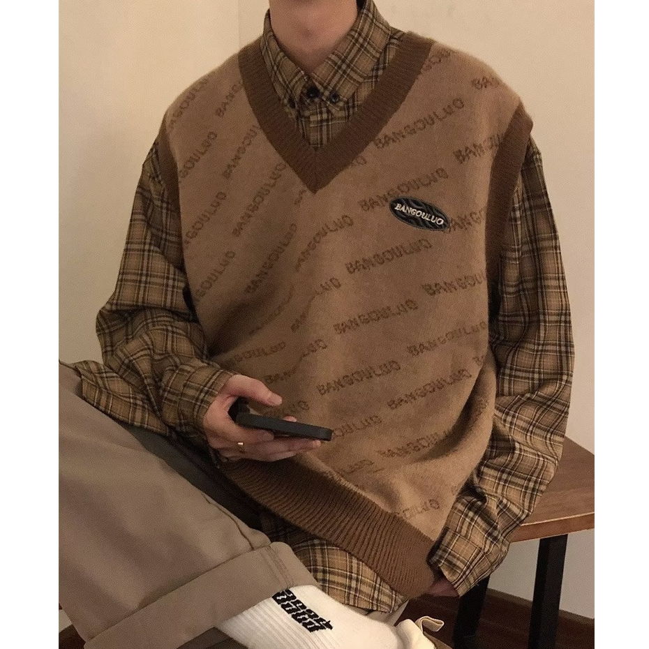 Áo Sweater Nam Dệt Kim Sát Nách Dáng Rộng In Chữ Kiểu Hàn Quốc Cá Tính Cho áo len không tay cổ chữ v áo tay lỡ