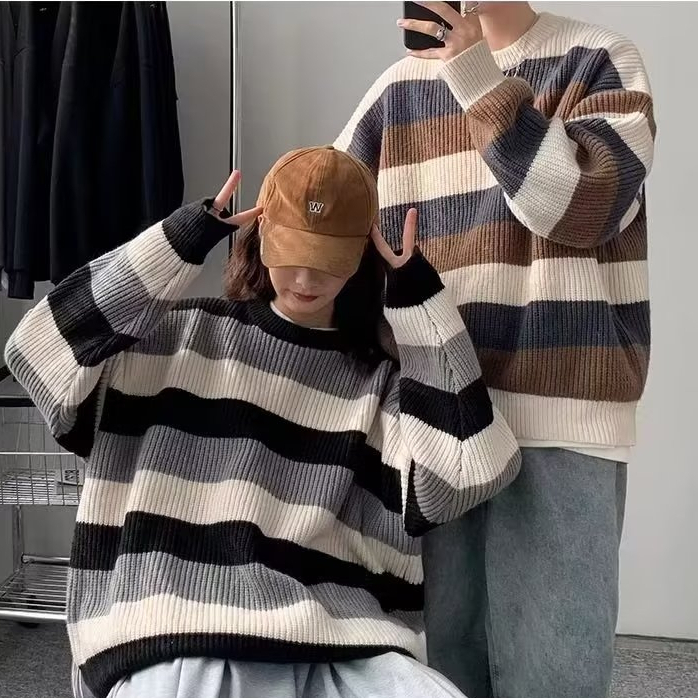 Áo Len đôi Sweater Dệt Kim Kẻ Sọc Bản Rộng Kiểu Hàn Quốc Thời Trang Cho Các Cặp Đôi áo len nữ form rộng áo len nam cao cấp