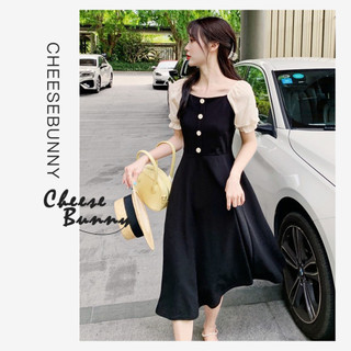 CheeseBunny Đầm Đen Cổ Vuông Phong Cách Retro Hợp Thời Trang Hè 2023