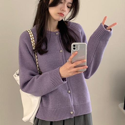 Áo Khoác Cardigan Dệt Kim Tay Raglan Dáng Rộng Cổ Tròn Phong Cách Hàn Quốc Chất Lượng Cao Cho Nữ