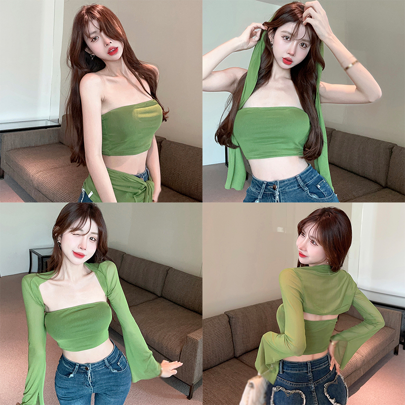 Set Đồ 2 Món Gồm Áo Ống Màu Trơn Và Áo Ống Tay Loe Chống Nắng Phong Cách Hàn Quốc Cho Nữ