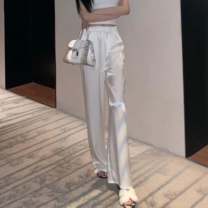 Cozok Quần baggy Lưng Cao Ống Rộng Vải satin Thời Trang
