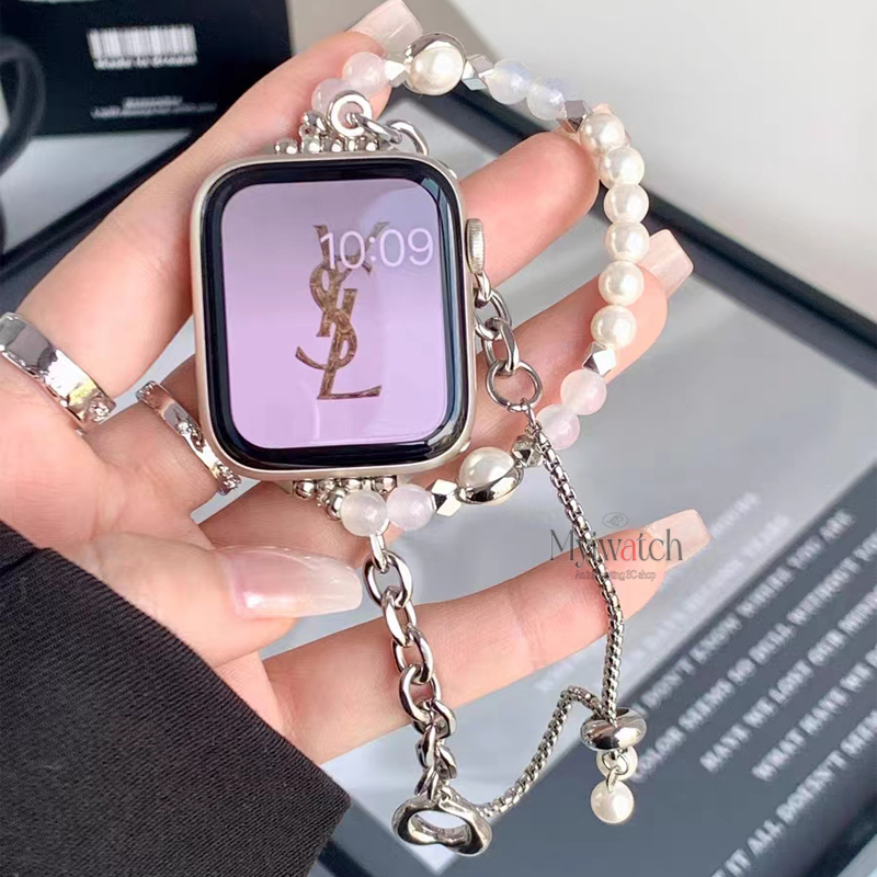 Dây Đeo Dạng Xích Kim Loại Đính Ngọc Trai Cho iwatch serise 8 ultra 7 6 5 4 SE 3 2 1 49mm 45mm 41mm 40mm 44mm 42mm 38mm