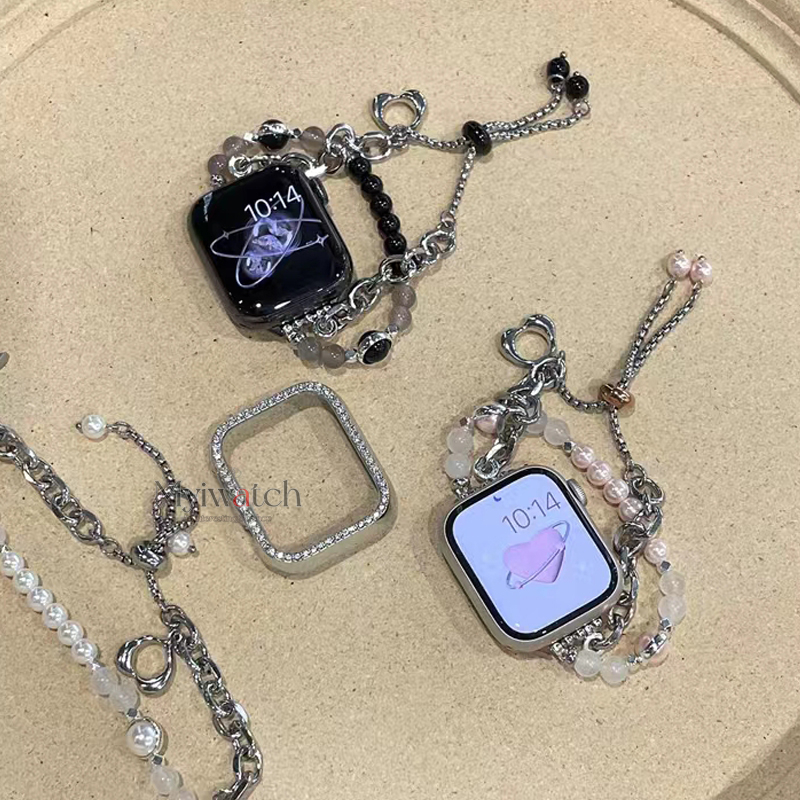 Dây Đeo Dạng Xích Kim Loại Đính Ngọc Trai Cho iwatch serise 8 ultra 7 6 5 4 SE 3 2 1 49mm 45mm 41mm 40mm 44mm 42mm 38mm