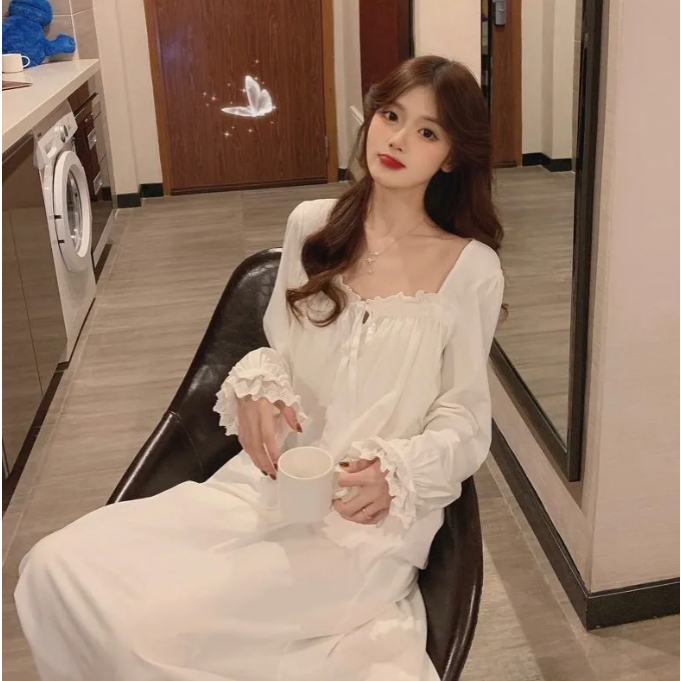 Đầm Ngủ Một Mảnh Tay Dài Phong Cách Công Chúa Pháp Thời Trang Thu Đông Cho Nữ