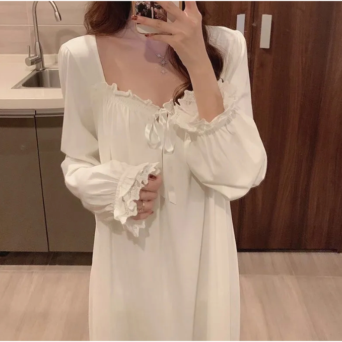 Đầm Ngủ Một Mảnh Tay Dài Phong Cách Công Chúa Pháp Thời Trang Thu Đông Cho Nữ
