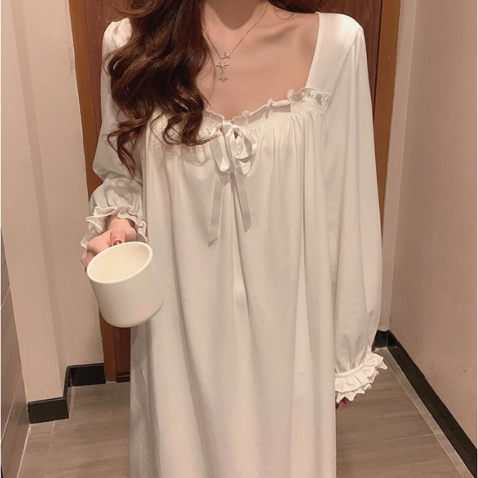 Đầm Ngủ Một Mảnh Tay Dài Phong Cách Công Chúa Pháp Thời Trang Thu Đông Cho Nữ
