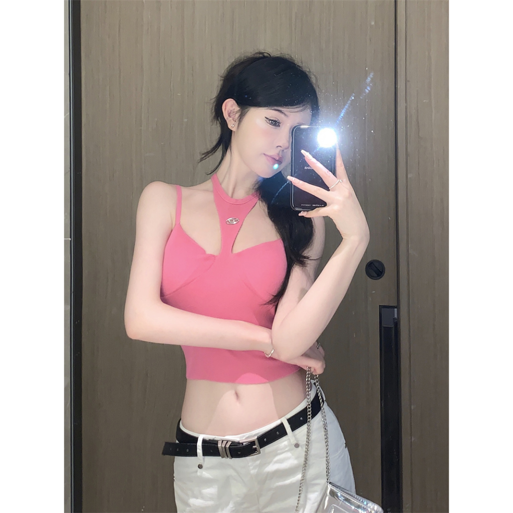 QADCOL Áo Dệt Kim Hai Dây Dáng Ôm Ngắn Màu Đỏ Hồng Thời Trang Mùa Hè Dành Cho Bạn Nữ