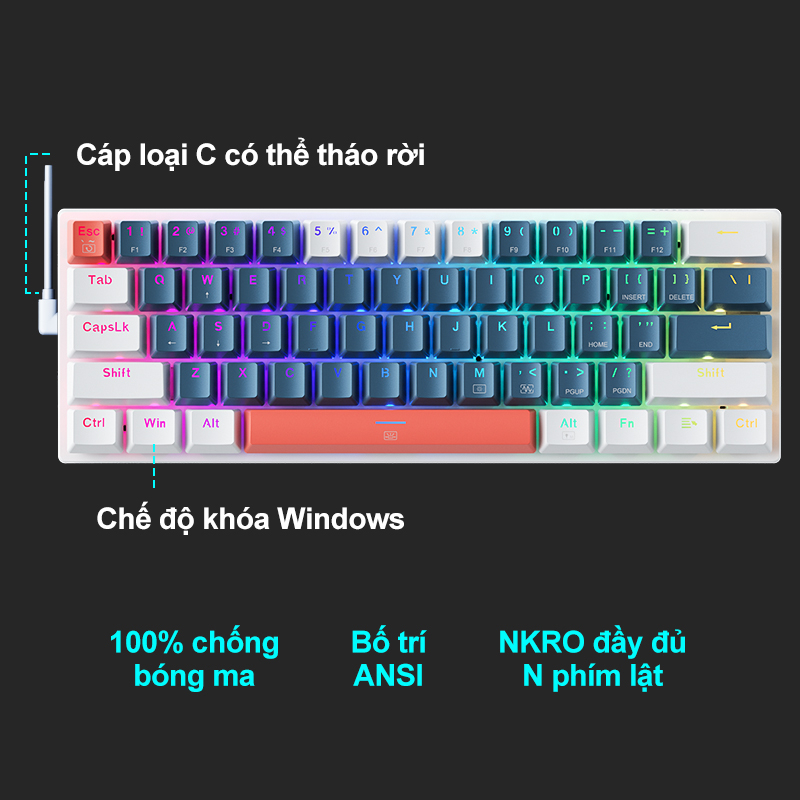 Bàn phím cơ chơi game MACHENIKE K500 B61 60% phím có dây RGB