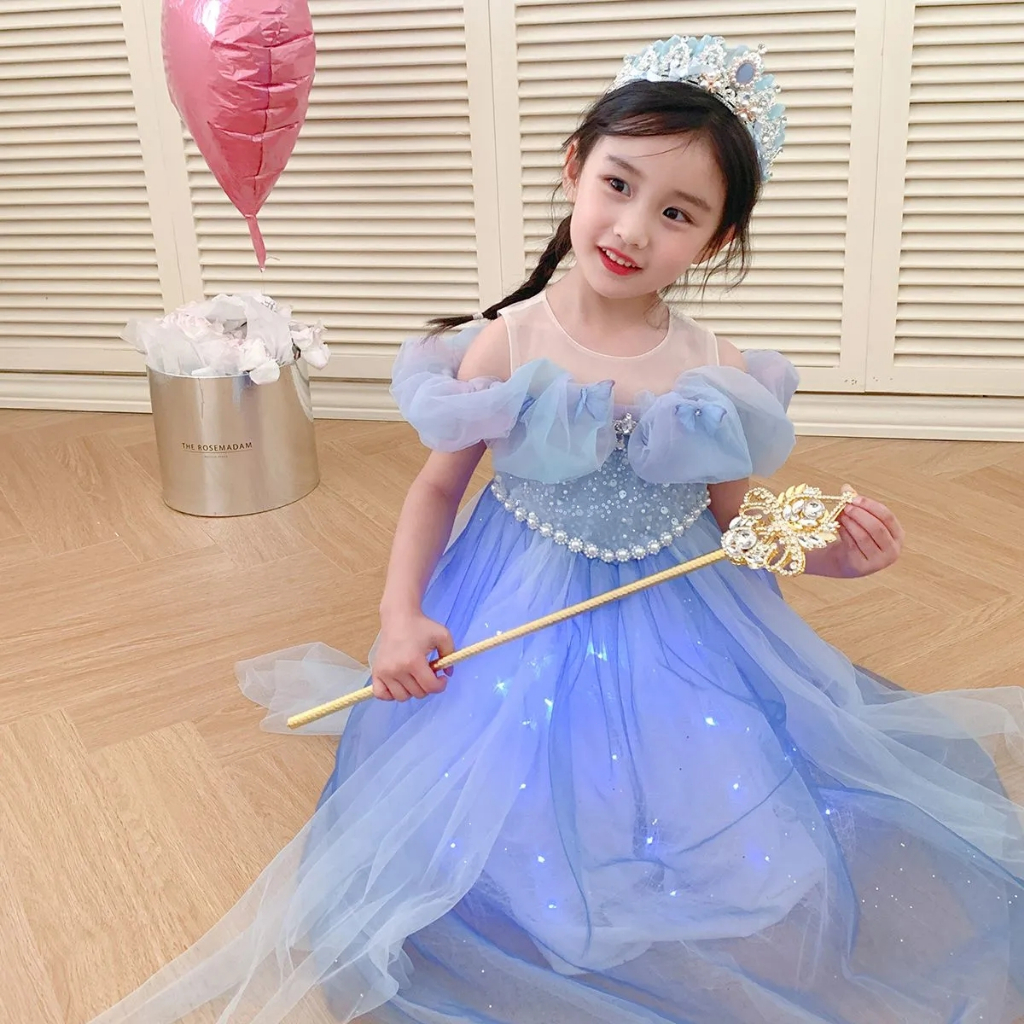 Đầm Công Chúa Elsa Bằng Cotton Có Đèn LED Thời Trang Dành Cho Bé Gái