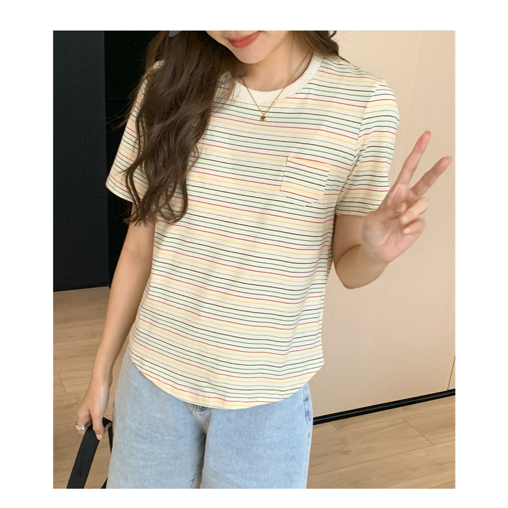 Áo Thun Dáng Rộng Cổ Tròn Kẻ Sọc Cầu Vồng Kiểu Vintage Cá Tính