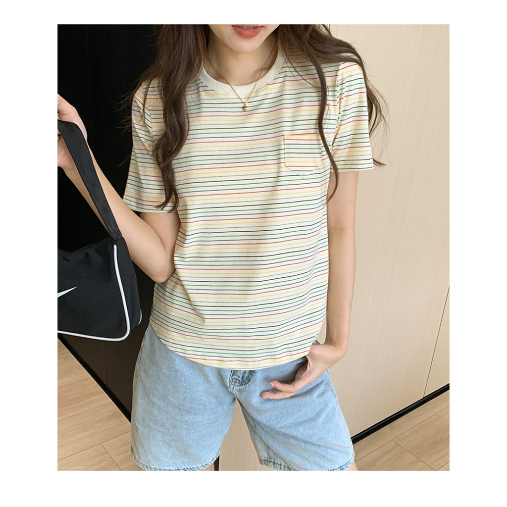 Áo Thun Dáng Rộng Cổ Tròn Kẻ Sọc Cầu Vồng Kiểu Vintage Cá Tính