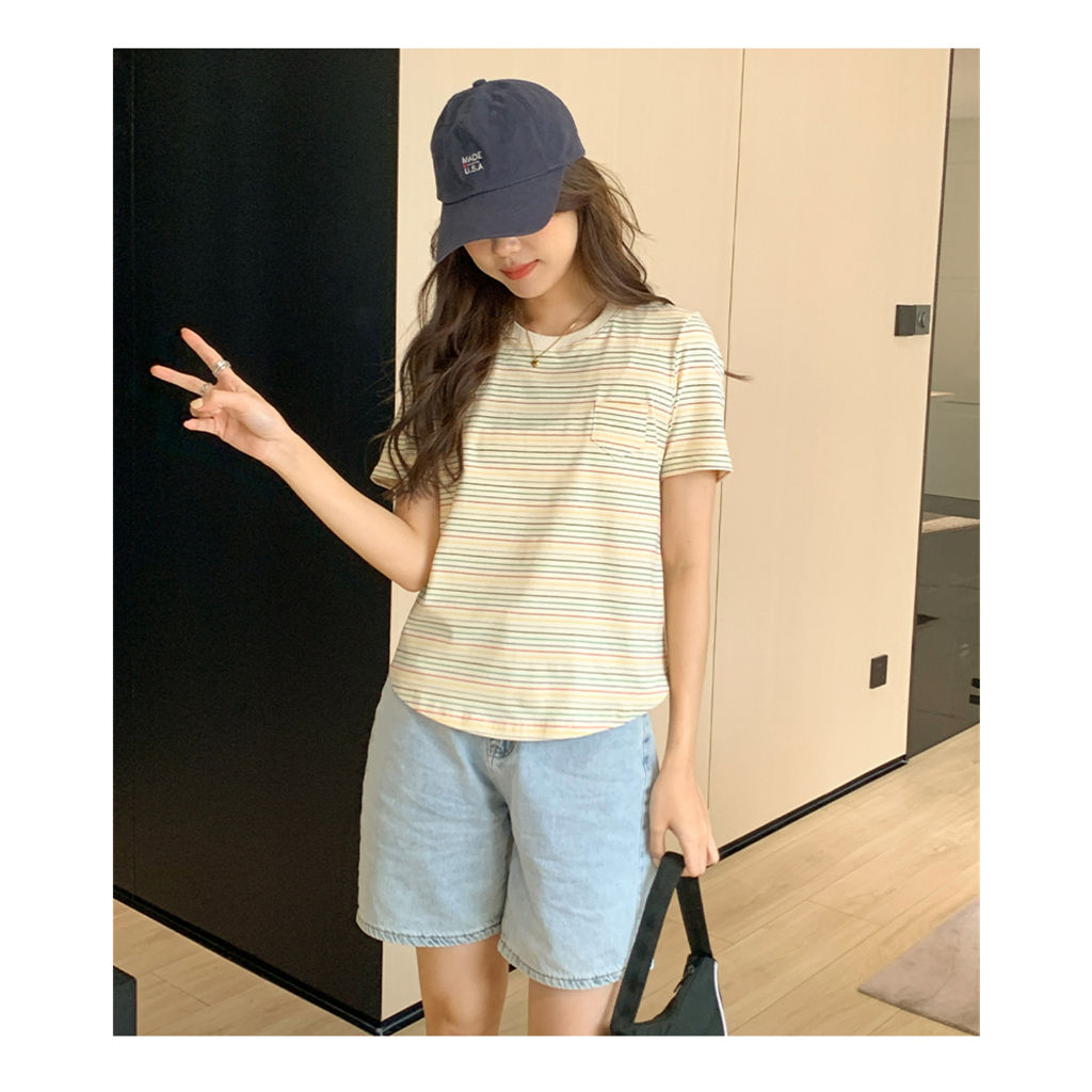 Áo Thun Dáng Rộng Cổ Tròn Kẻ Sọc Cầu Vồng Kiểu Vintage Cá Tính